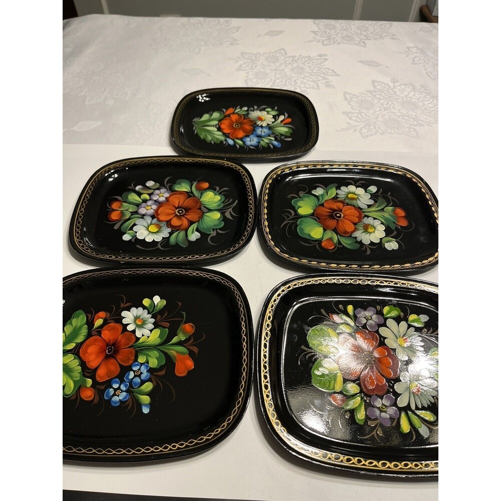 5 Vintage Zhostovo Soviet Russian Hand Painted Flowers Toleware Trays Yeha 8x6” - Picture 1 of 15